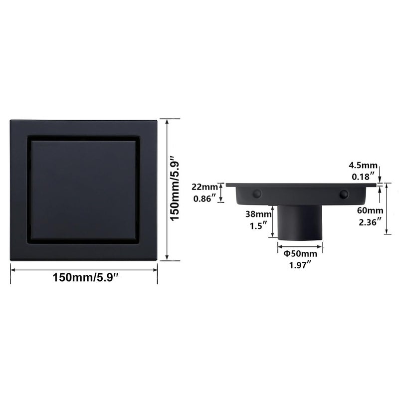 RANDOM Black Shower Drain Square with Removable Tile Insert 6 Inch Drain Cover and Hair Strainer,SUS 304 Stainless Steel Matte Black Shower Floor Drain - Image 2